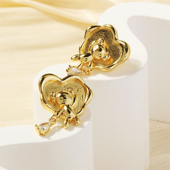 1 Pair Cute Sweet Bear Heart Shape Plating Inlay Copper Zircon 18K Gold Plated Drop Earrings