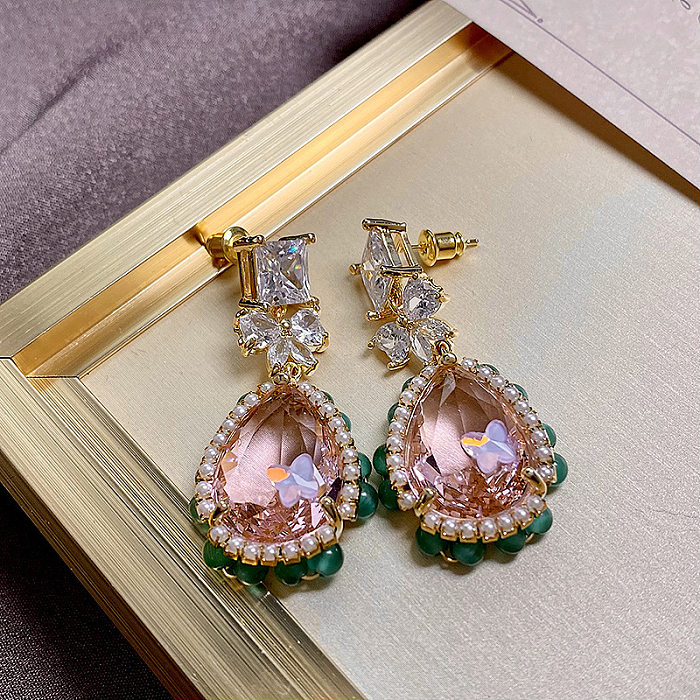 1 Pair Glam Water Droplets Inlay Copper Artificial Pearls Crystal Zircon Drop Earrings