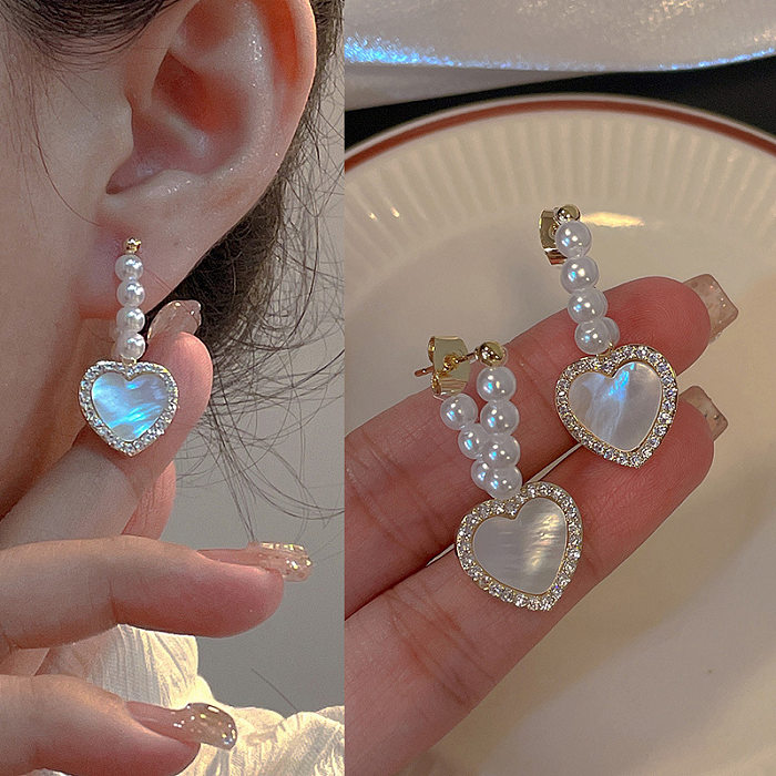 Fashion Heart Shape Flower Copper Beaded Plating Inlay Pearl Zircon Earrings Ear Studs 1 Pair