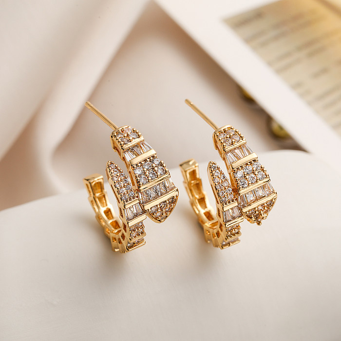 1 Pair Simple Style Commute C Shape Plating Inlay Copper Zircon 18K Gold Plated Earrings