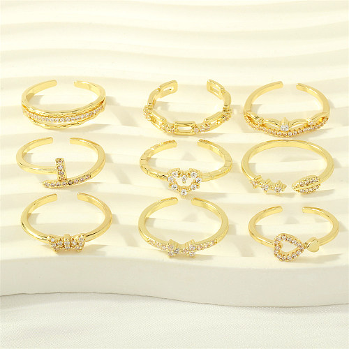 Elegante estilo simples comute geométrico formato de coração cobre chapeamento incrustado zircão 18K anéis abertos banhados a ouro