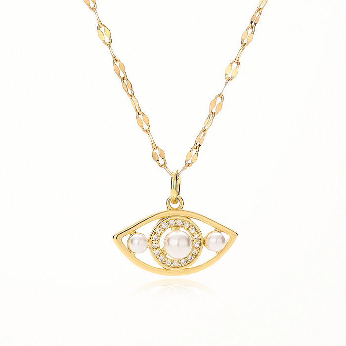 Simple Style Commute Devil'S Eye Copper Plating Hollow Out Inlay Artificial Pearls Zircon 18K Gold Plated Pendant Necklace