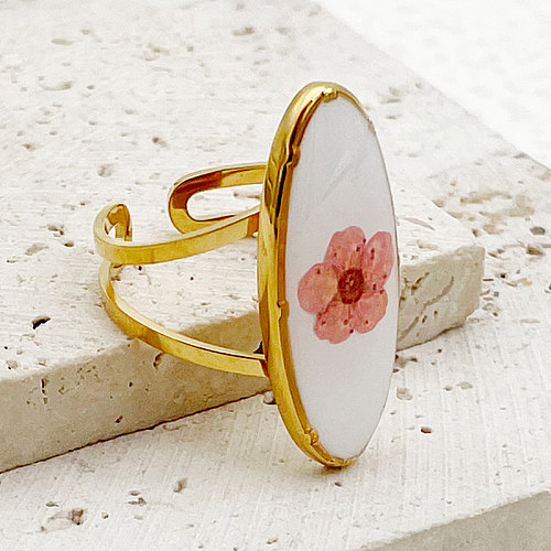 Anéis abertos banhados a ouro de aço inoxidável com flor artística doce e elegante