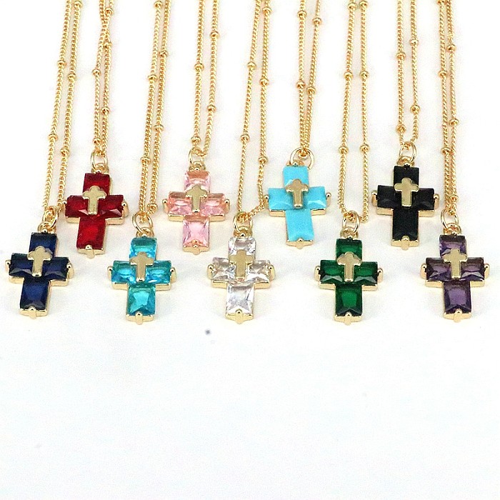 Casual Hip-Hop Cross Copper Plating Inlay Zircon Gold Plated Pendant Necklace