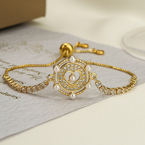Bracelets plaqués or 18 carats en Zircon, Style Simple, en forme de cœur, incrustation de perles artificielles