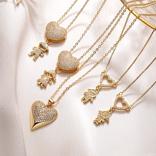 IG-Stil, einfacher Stil, menschliche Herzform, Kupferbeschichtung, Inlay, Zirkon, vergoldet, Anhänger-Halskette