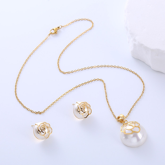 Elegant Lady Simple Style Geometric Stainless Steel Plating Inlay Pearl 18K Gold Plated Earrings Necklace