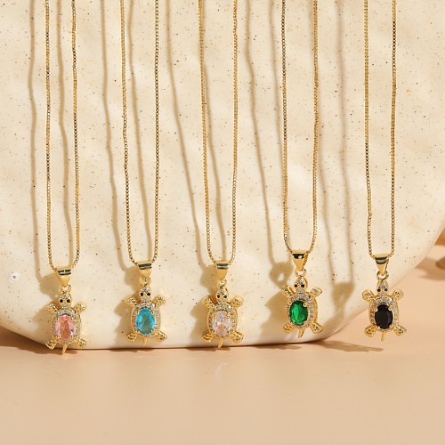 Luxuriöse Schildkröten-Kupfer-Inlay-Zirkon-Anhänger-Halskette mit 14-Karat-Vergoldung