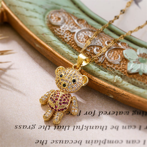Collier pendentif plaqué or en Zircon, Style Simple, petit ours, incrustation de cuivre, Style IG