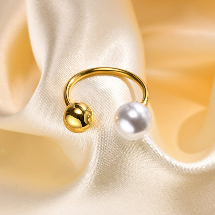 Vacation Round Stainless Steel Plating Inlay Artificial Pearls 18K Gold Plated Open Ring