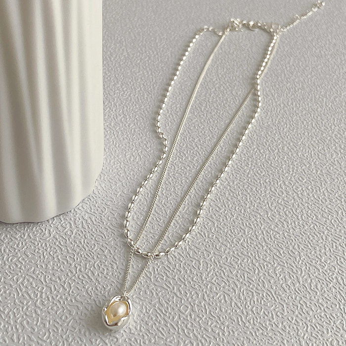 Fashion Geometric Copper Plating Artificial Pearls Layered Necklaces