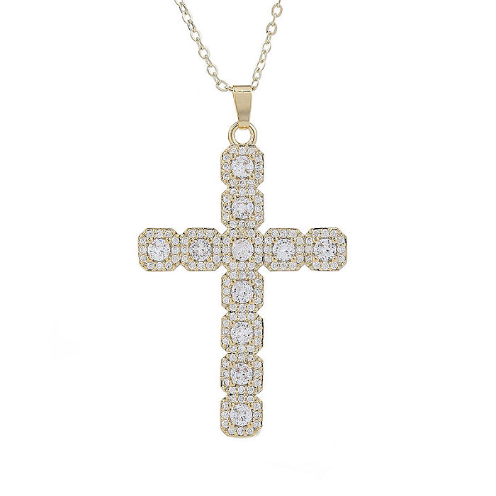 Classic Style Cross Copper Inlay Zircon Pendant Necklace