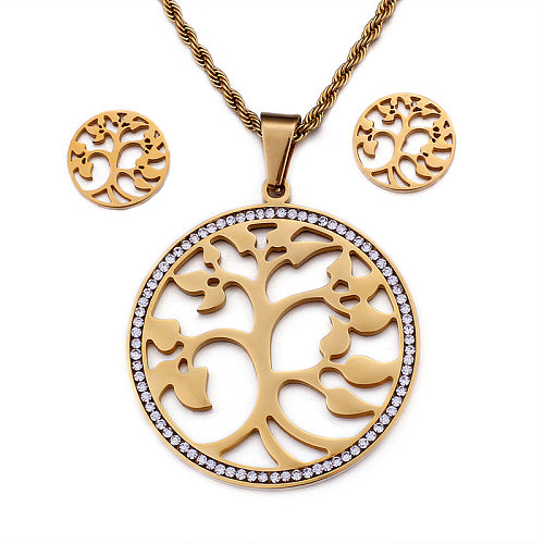 Einfacher Baum des Lebens hohles Edelstahl-Halsketten-Ohrring-Set Großhandelsschmuck