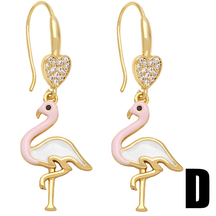 1 Pair Cute Sweet Simple Style Rainbow Flamingo Smiley Face Plating Inlay Copper Zircon 18K Gold Plated Drop Earrings