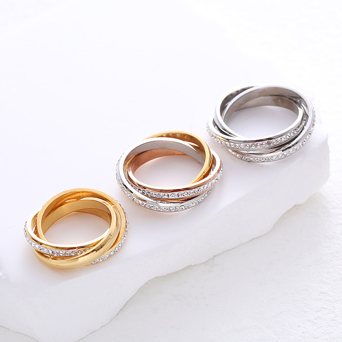 Simple Style Solid Color Stainless Steel Plating Inlay Rhinestones 24K Gold Plated Rings