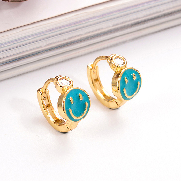 1 Pair IG Style Simple Style Round Smiley Face Enamel Plating Inlay Copper Zircon 18K Gold Plated Earrings