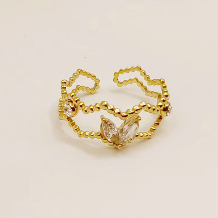 Wholesale Basic Classic Style Leaves Stainless Steel Titanium Steel Inlay 18K Gold Plated Zircon Open Rings