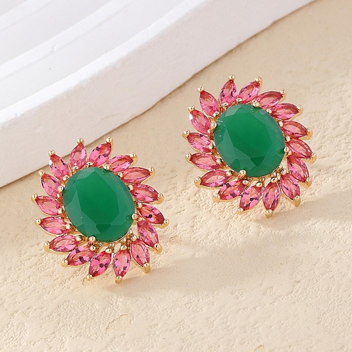 1 Pair Lady Simple Style Semicircle Oval Petal Hollow Out Inlay Copper Zircon Ear Studs
