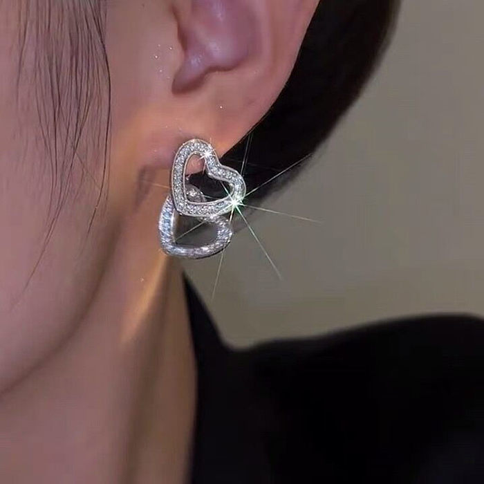 1 Pair Sweet Heart Shape Inlay Copper Zircon Ear Studs