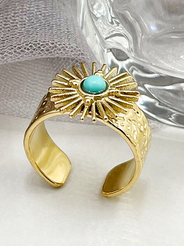 Retro Sun Stainless Steel Gold Plated Natural Stone Open Ring In Bulk