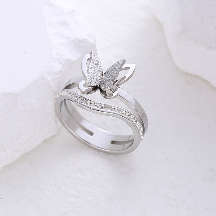 Simple Style Butterfly Stainless Steel Plating Inlay Rhinestones 24K Gold Plated Rings