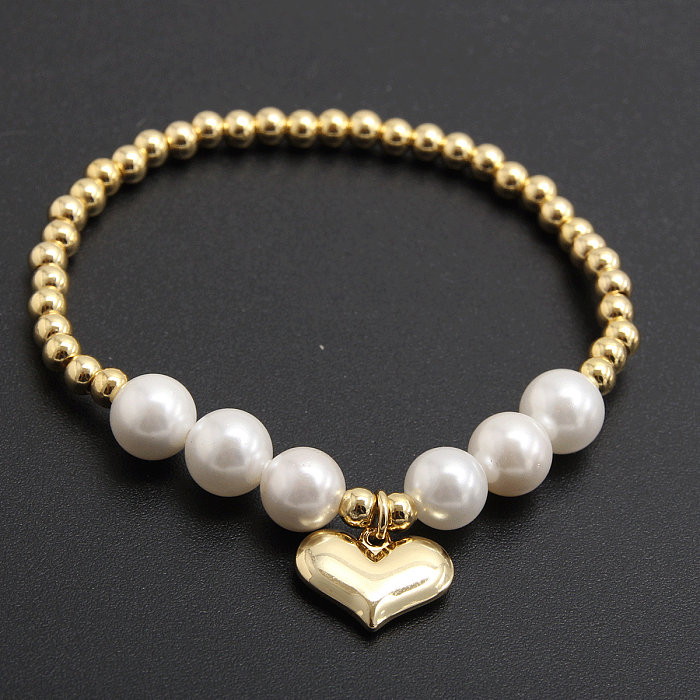 Elegant Lady Heart Shape Flower Copper Pearl Inlay Zircon Bracelets