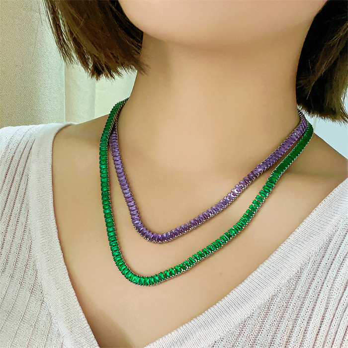 Elegant Glam Shiny Rectangle Copper Plating Inlay Zircon White Gold Plated Double Layer Necklaces