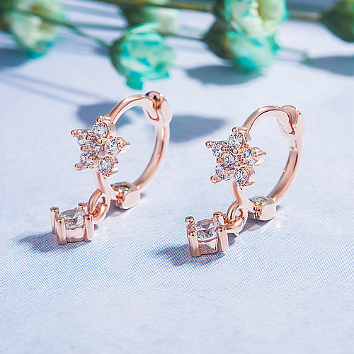 1 Pair Elegant Flower Copper Plating Inlay Zircon Drop Earrings