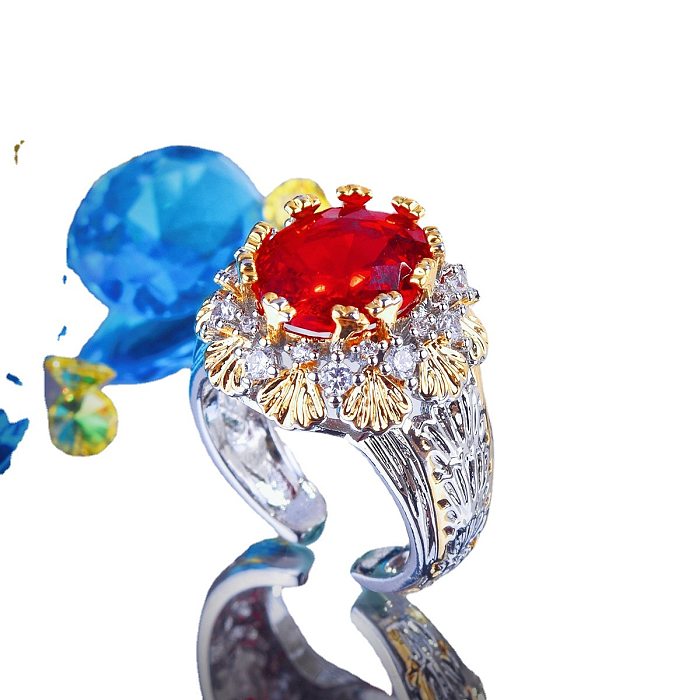 Vintage Style Crown Copper Inlay Artificial Gemstones Open Ring 1 Piece