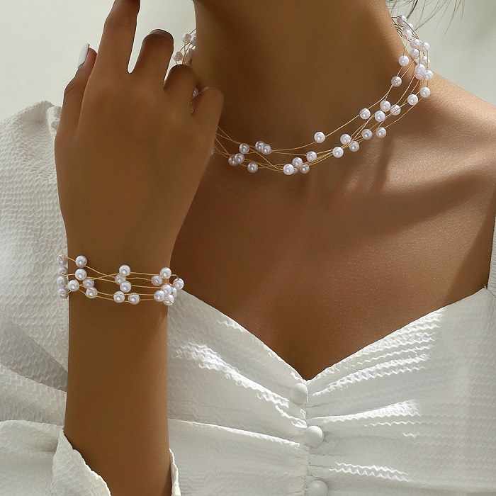 Élégant romantique doux géométrique perle artificielle cuivre perlé placage plaqué or 18 carats ensemble de bijoux