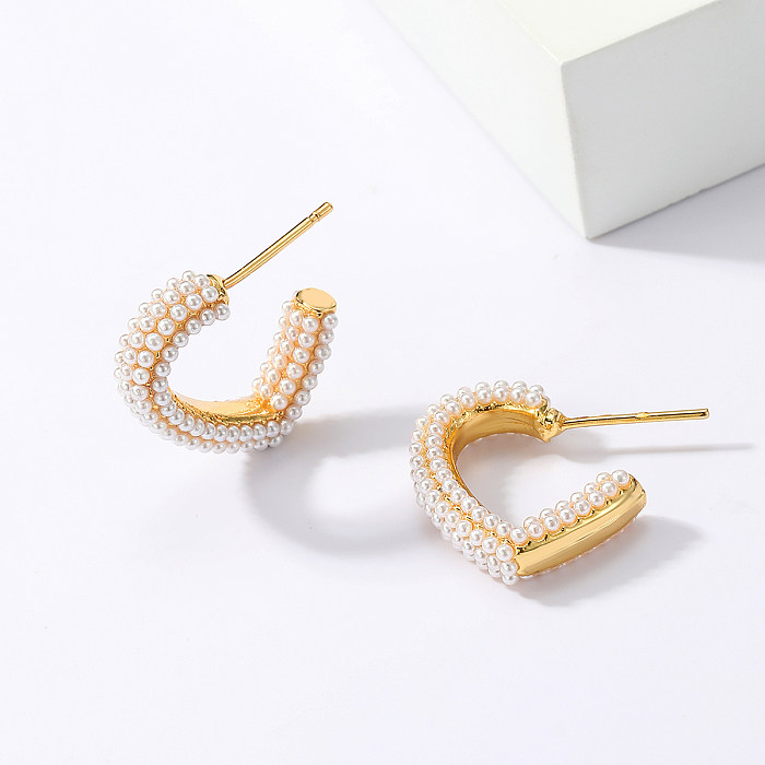 1 paire de clous d'oreilles en perles artificielles, Style féerique, doux, classique, en forme de cœur, incrustation de placage en cuivre