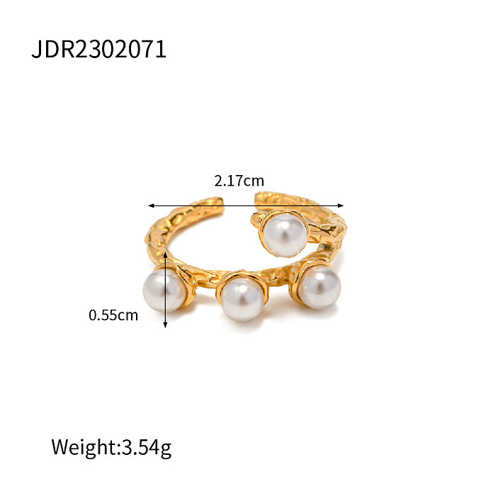 Anillo abierto chapado en oro de 18 quilates con incrustaciones de perlas y revestimiento de acero inoxidable en forma de C estilo INS