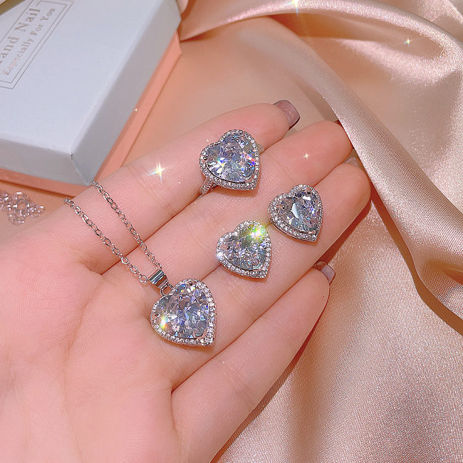 Fashion Heart Shape Copper Diamond Zircon Rings Earrings Necklace