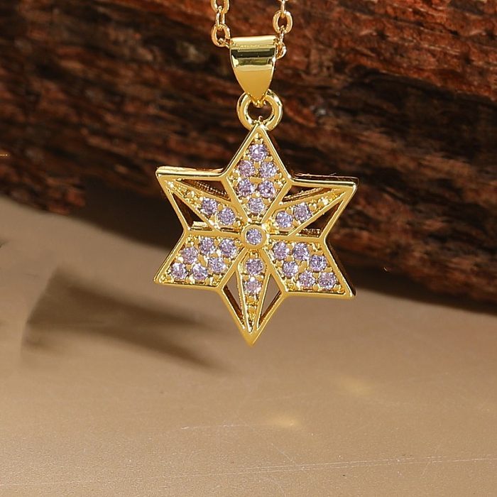 Elegant Luxurious Classic Style Star Copper Plating Inlay Zircon 14K Gold Plated Pendant Necklace