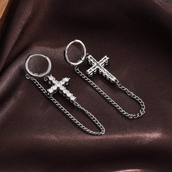 1 Pair Simple Style Cross Plating Chain Inlay Copper Zircon Silver Plated Drop Earrings