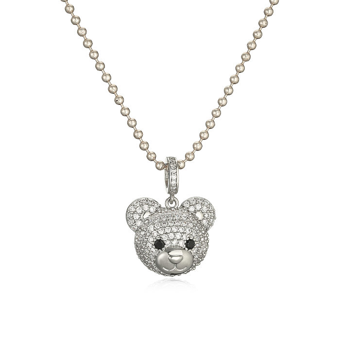 Cute Little Bear Copper Inlay Zircon Pendant Necklace