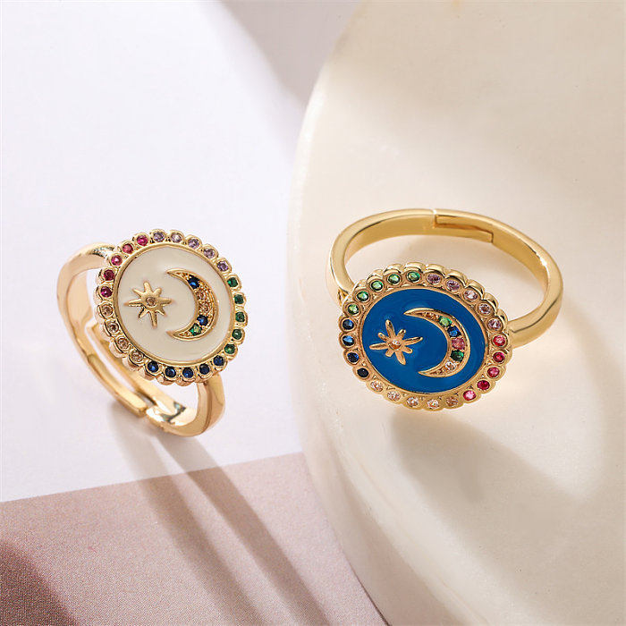 Luxuriöse offene Ringe mit geometrischem Stern-Mond-Kupfer-Emaille-Beschichtungsinlay und Zirkon-Vergoldung