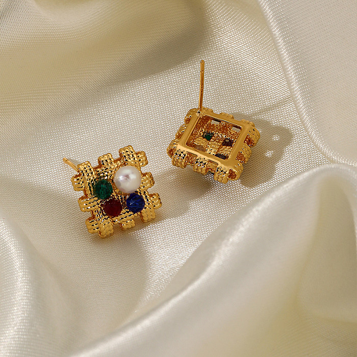 1 paire de perles artificielles en cuivre plaqué or 18 carats, Style Simple, incrustation carrée, clous d'oreilles