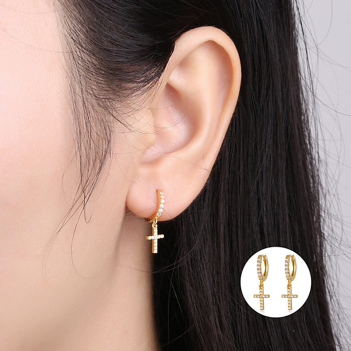 1 Paar Streetwear-Ohrringe mit Kreuzbeschichtung und Inlay aus Kupfer und Zirkon