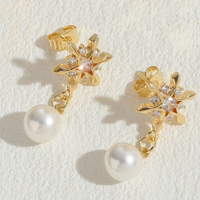 1 Pair Classic Style Star Asymmetrical Inlay Copper Pearl Zircon 14K Gold Plated Drop Earrings