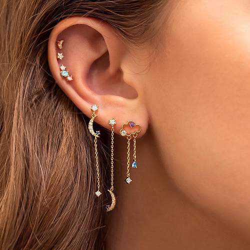 Fashion Clouds Pentagram Moon Copper Inlay Zircon Drop Earrings Ear Studs 1 Set