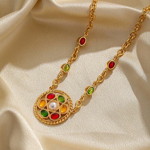 Schlichter Stil, runde, verkupferte, ausgehöhlte Intarsien-Harz-Anhänger-Halskette mit 18-Karat-Vergoldung