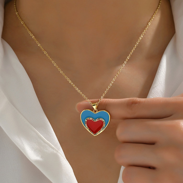 Sweet Heart Shape Copper Enamel Plating Inlay Zircon 18K Gold Plated Pendant Necklace