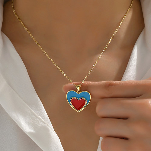 Sweet Heart Shape Copper Enamel Plating Inlay Zircon 18K Gold Plated Pendant Necklace