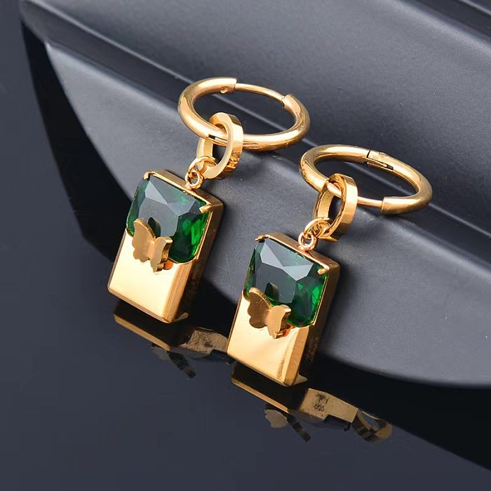 Vintage Style Simple Style Butterfly Rectangle Titanium Steel Plating Inlay Zircon 18K Gold Plated Earrings Necklace