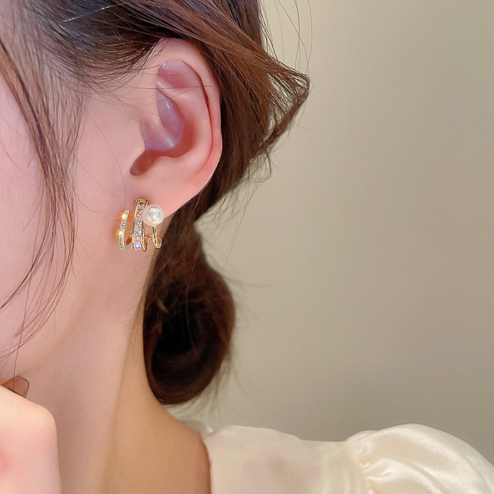 Fashion Geometric Copper Pearl Zircon Ear Studs 1 Pair