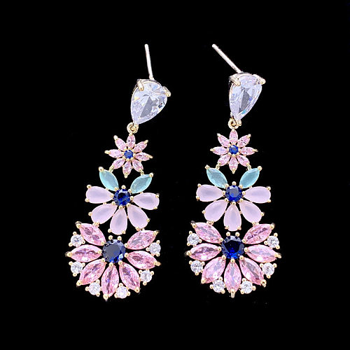 1 Pair Elegant Flower Inlay Copper Zircon Drop Earrings