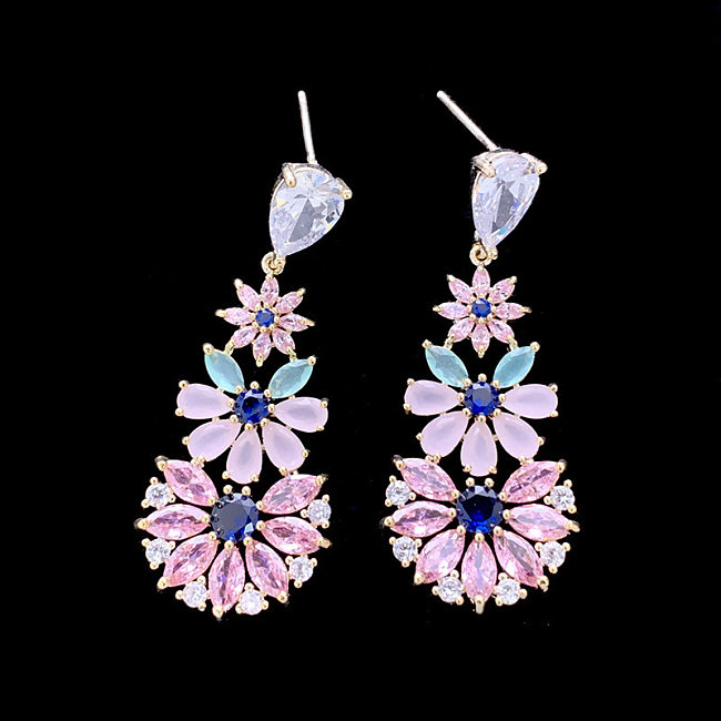 1 paire de boucles d'oreilles élégantes en cuivre et Zircon avec incrustation de fleurs