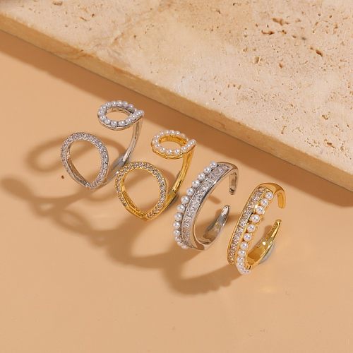 Elegant Classic Style Geometric Copper Asymmetrical Plating Inlay Zircon 14K Gold Plated Open Rings