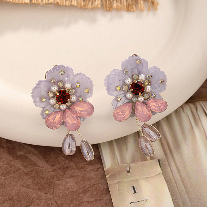 1 paire de boucles d'oreilles pendantes en verre de cuivre et Zircon, Style Vintage, incrustation de fleurs